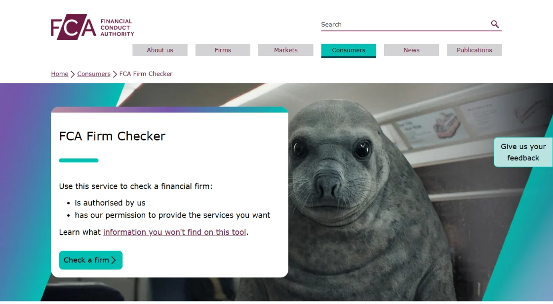 The FCA Firm Checker page, saying the service checks whether a financial firm is authorised by the FCA and has permission to provide the services you want, with a Check a firm button